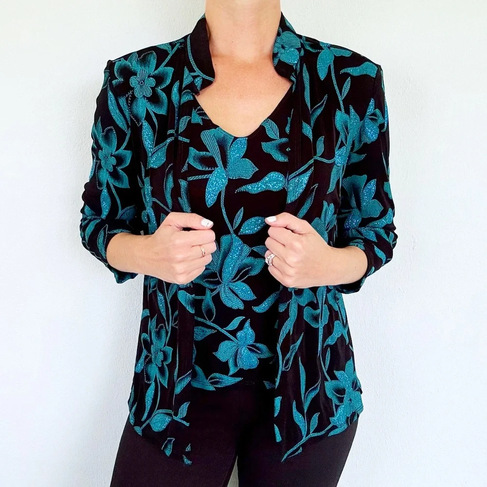 Onyx Nite black turquoise floral sparkly glitter matching blouse set size medium